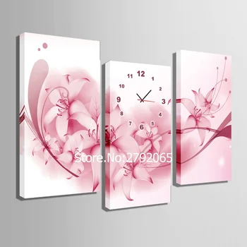 3 Gabalas Neįrėminti Menas Spausdinti Pink Gėlių Laikrodis Drobės 3pcs sieninis laikrodis