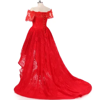 Naujas Nekilnojamojo Nuotraukas Hi-Lo Promenadzie Suknelė trumpomis Rankovėmis Nėrinių vakarinę suknelę 2017 Raudona nuo Peties Maxi Suknelė
