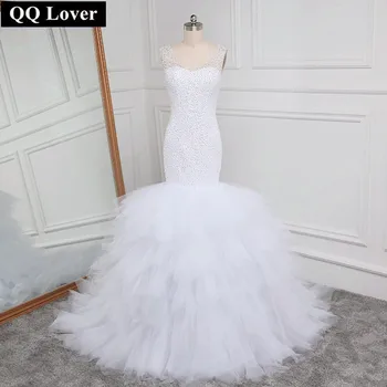 QQ Meilužis arabų Stiliaus Vestuvinė Suknelė 2018 Giliai V Kaklo Duobute Sluoksnis Undinė Vestuvių Koplyčia Traukinys Paplūdimio Nuotakos Suknelė