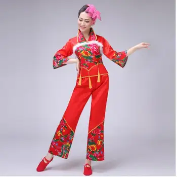 (0128) Kinijos tradiciniais kostiumais raudonos spalvos gėlių siuvinėjimas grupės danceclassical kostiumas yangko juosmens būgno ventiliatorius drabužiai