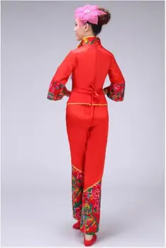 (0128) Kinijos tradiciniais kostiumais raudonos spalvos gėlių siuvinėjimas grupės danceclassical kostiumas yangko juosmens būgno ventiliatorius drabužiai