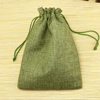 10*14cm 100vnt Paprasto alyvuogių žalia lino džiuto pluošto krepšys raišteliu karoliai, papuošalai paketas krepšys mažų dovanų maišelis Vestuvių pakuotės maišelis