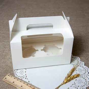 1000pcs Nemokamas pristatymas Didmeninė ir mažmeninė Knyga 2 Cupcake dėžutė su pvc lango Balta Gniūžtės Blynai Dėžutė su Langas su rankena