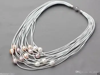 11-12mm Balta ir rožinės spalvos Gėlavandenių Perlų ant Odos Multi-Kryptis Karoliai>>> nemokamas pristatymas