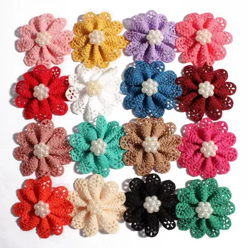 120pcs/daug 5,5 cm 16colors Naujagimių Mini Tuščiaviduriai Iš Gėlių Su Pearl Girl Plaukų Aksesuarai Audinys Gėlių Vaikai Kaspinai
