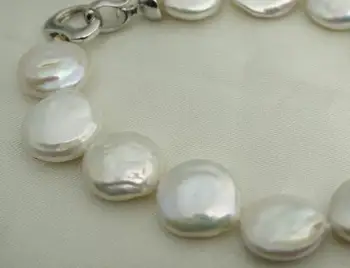 13-kaip 14mm Didžiulis Baltos Spalvos Gėlavandenių Perlų Apyrankė Monetos Perlų Papuošalai Gražus Širdies Užsegimas Naujų Nemokamas Pristatymas