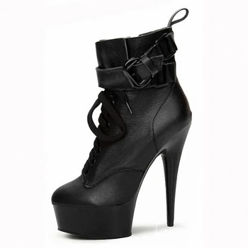 15cm juoda strappy seksualus martin mados batai moterims motociklo batai classic Platformų trumpas batai 6 colių aukšto kulno batai