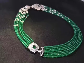 2-3MM žalia natūralus agatas choker karoliai kelių sluoksnių 925 sidabro su nekilnojamojo perlas bauda womne papuošalai vestuves karoliai