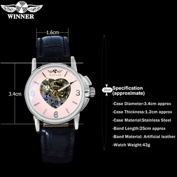 2016 NUGALĖTOJAS populiarios markės moterų laikrodžiai prabangus automatinis savaiminis vėjo žiūrėti skeletas rožinė surenka didelis arabų numeriai odos juosta