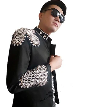 2016 Plius dydžio vyriškos juodos kalnų krištolas švarkas švarkas DS šou scenoje vilkėti kostiumai, naktinis klubas rodo, Viršutiniai drabužiai vyrų dainininkas DJ apranga