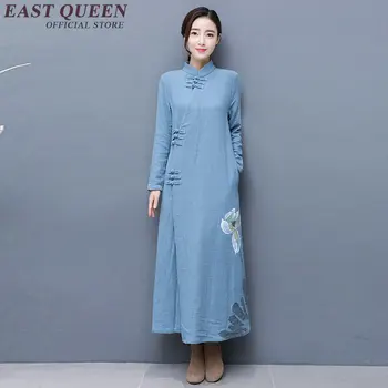 2017 m. Pavasarį Naujas kinų, rytietiškas suknelės ilgomis Rankovėmis Medvilnės, Lino Suknelė Plius Dydis Ilga Lininė Suknelė Paprasta Spausdinimo AA1850 W