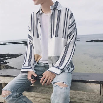 2017 m. Rudenį Naujų korėjos stiliaus karšto pardavimo vyriški spalvos Siūlėmis Prarasti mados juostele ilgomis rankovėmis Marškinėliai, Aukštos kokybės drabužius kailis