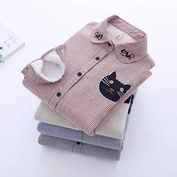 2017 m. Žiemos storesnės medvilnės perspėti, marškiniai, Moterų palaidinė plius dydis moterų viršūnių siuvinėjimo animaciją kačių blusas femininas kasdieniai drabužiai