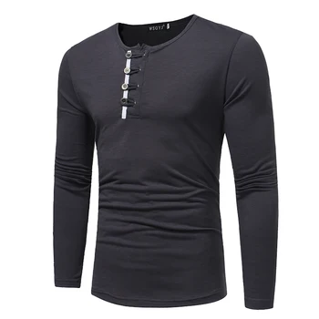 2017 Mados Tendencijos vyrams laisvalaikio T-shirt Mens O-kaklo Mygtuką apdailos populiarus asmenybė vientisa spalva ilgas rankovėmis marškinėliai S-XXXL