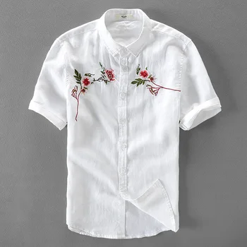 2017 Naujus lininius marškinius vyrų siuvinėjimo linų vyrų marškinėliai trumpomis rankovėmis balti marškiniai vyrai vasarą prekės atsitiktinis marškinėliai vyrų camisa 3XL