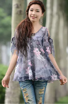 2017 Summer Women Blouse shirt Vintage Print Chiffon Short Sleeve Sweet Blusa Top