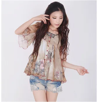 2017 Summer Women Blouse shirt Vintage Print Chiffon Short Sleeve Sweet Blusa Top