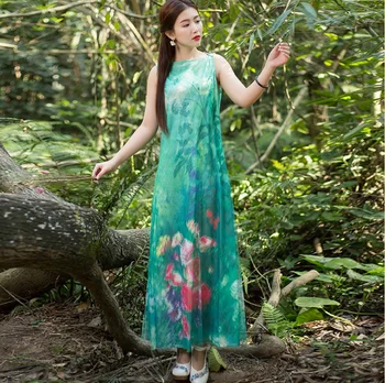 2017New Vasaros Stiliaus Moterų tinklinio medvilnės skalbiniai gėlių spausdinti ilga Suknelė velniop kaklo elegantiškas Stiliaus Kinijos maxi suknelė bakas suknelė tunika
