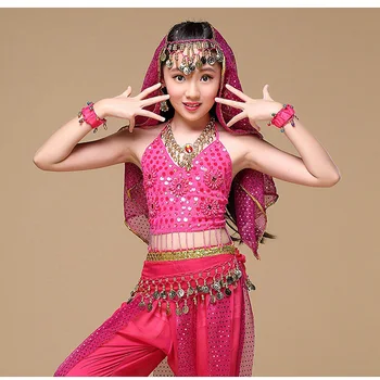 2018 Indijos Sari Vaikų Indijos Šokis 5-gabalas Pilvo Šokio Kostiumų Rinkinys (Top+Diržas+Sijonas+Diržas+Šydas) Vaikai Bollywood Dance 4 spalvos
