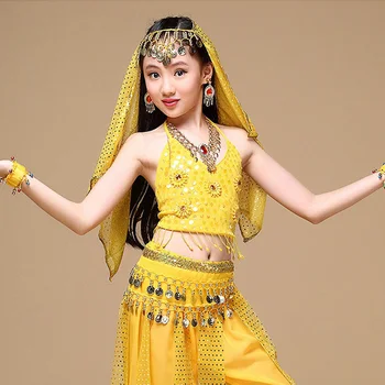2018 Indijos Sari Vaikų Indijos Šokis 5-gabalas Pilvo Šokio Kostiumų Rinkinys (Top+Diržas+Sijonas+Diržas+Šydas) Vaikai Bollywood Dance 4 spalvos