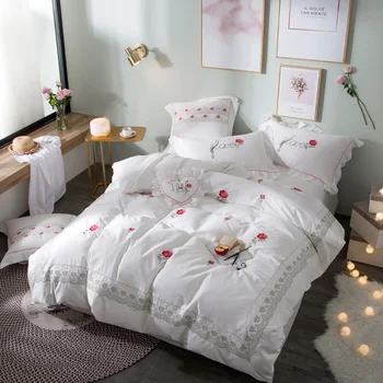 2018 m., 4/7pcs Siuvinėjimo patalynės komplektas raudona rožė, patalynė antklode padengti merginos trumpas stilius princesė namų tekstilės patalyne, lovatiesė