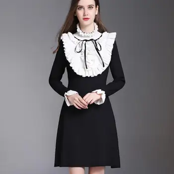2018 m. pavasarį naujas mados prekės ženklo megzti ruffles suknelė moterų aukštos apykaklės, juoda stiching balta nukentėjo spalvos suknelė wj1793 nemokamas pristatymas