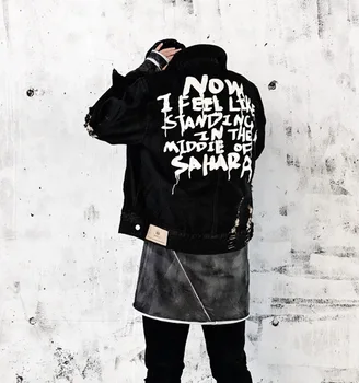 2018 m. Pavasarį, rudenį vyrų Graffiti font Džinsai Švarkai Atsitiktinis mados Džinsinio Striukė Skylę žalą, kailis Medvilnės Džinsai Striukė viršaus Skalbimo