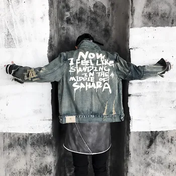 2018 m. Pavasarį, rudenį vyrų Graffiti font Džinsai Švarkai Atsitiktinis mados Džinsinio Striukė Skylę žalą, kailis Medvilnės Džinsai Striukė viršaus Skalbimo