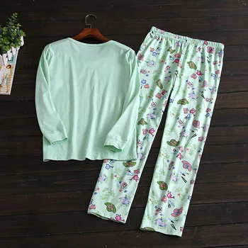 2018 m Plus size Pavasario medvilnės, paprastos moterys sleepwear ilgomis rankovėmis kokybės pižamos moterims, žalia animacinių filmų moterų pižama rinkiniai