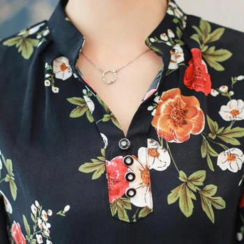 2018 m. Vasaros Gėlių Spausdinimo Palaidinė Marškinėliai Moterų V-kaklo Ragų Šifono Rankovėmis Marškinėliai korėjos Mados Drabužių Ponios Viršūnes Laisvi marškinėliai
