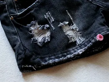 2018 m. vasaros moteriški džinsai juoda vidurio juosmens modelio skylė minkštos medvilnės džinsai, šortai prarasti pločio kojų kelnės sustorėjimas džinsinio šortai 9602