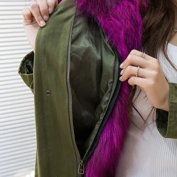 2018 m. Žiemos armijos žalioji Dideli nekilnojamojo usūrinių kailiniai su gobtuvu šiltas kailis parkas outwear moterų natūralaus lapės kailio įdėklas žiemos striukė 2 stilius
