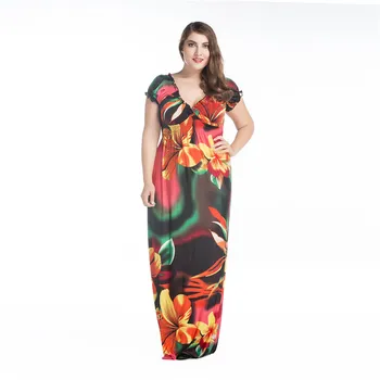 2018 Moterų Vasaros Suknelė Long Beach Suknelės Plius Dydžio 6XL 7XL Trumpas Sluoksniuotos Rankovėmis V-Kaklo Bohemijos Maxi Gėlių Suknelė Vestidos longos