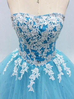 2018 Mėlyna Quinceanera Suknelės Kamuolys Suknelė Siuvinėjimo Nėrinių Tiulio Reljefiniai Prom Dress Suknelė Debutante Saldus 16 Suknelės 15 Metų