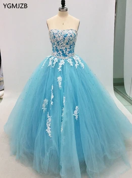 2018 Mėlyna Quinceanera Suknelės Kamuolys Suknelė Siuvinėjimo Nėrinių Tiulio Reljefiniai Prom Dress Suknelė Debutante Saldus 16 Suknelės 15 Metų