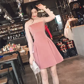 2018 naujas moterų perspektyvos, Net siūlų Dygsniais Suknelė mados Seksualus žodį peties Suknelė Moterims pavasario ir vasaros rožinės spalvos suknelė TW009