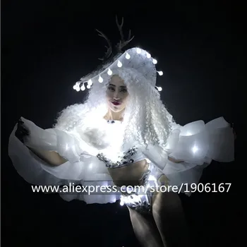 2018 Naujausias Baltos Led lemputės Sexy Lady Kalėdų Dress DS Drabužių Led Šviesos Našumą Cosplay Maskuotis Led Drabužiai