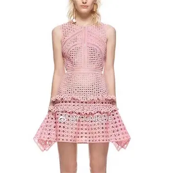 2018 Naujausias Moteris Aukštos klasės Prekės ženklo Dizaineris Nėrinių Rankovių Suknelės Aukštos Kokybės self-portrait kilimo ir tūpimo Tako Lady Pink Mini Trumpą Suknelę