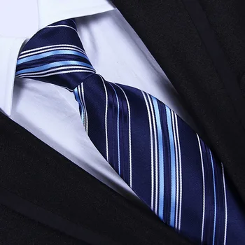 2018 Nauji Aukštos Kokybės Mėlyna Dryžuotas Verslo Vyrų Kaklaraištis Oficialų Žakardo Pynimo Vestuves Necktie 8CM Klasikinis Mens Kaklaraiščiai Dovanų Dėžutėje