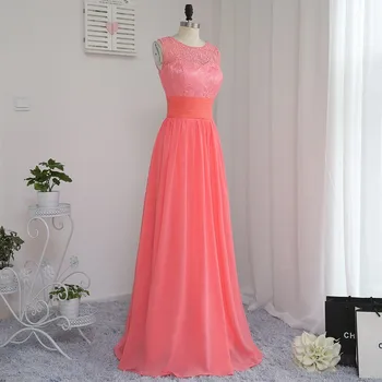 2018 Pigūs Bridesmaid Dresses Pagal 50-line Scoop Grindų Ilgio Koralų Šifono Nėrinių Vestuvės Suknelės
