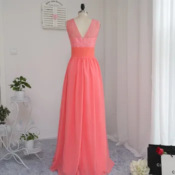 2018 Pigūs Bridesmaid Dresses Pagal 50-line Scoop Grindų Ilgio Koralų Šifono Nėrinių Vestuvės Suknelės