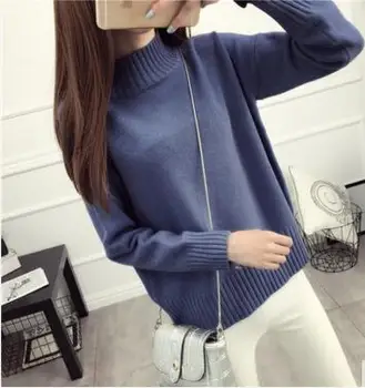 2018 Trumpas dizaino megztinis megztinis moterų golfo Pavasarį naują atvykimo vientisos spalvos pagrindinio ilgomis rankovėmis laisvas megztinis Pavasarį ir