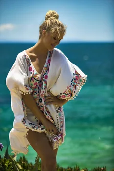 2018 V apykaklės siuvinėjimas, gėlių modelio, kutas suknelė batwing rankovėmis V-kaklo, atsitiktinis paplūdimio stiliaus suknelė boho atostogų ritininės suknelės