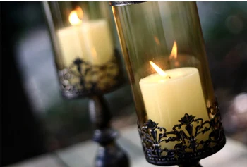 2VNT/komplektas geležies metalo žvakių laikiklis su stiklo dangtis ramstis žvakė stovi už namo atostogų apdailos aukso + juoda 2090