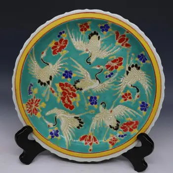 #3 Antikvariniai QingDynasty porceliano plokštelės,žalia spalva krano plokštė,Rankomis dažyti amatų,Apdailos,Surinkimo ir Puošmena,Nemokamas pristatymas
