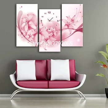 3 Gabalas Neįrėminti Menas Spausdinti Pink Gėlių Laikrodis Drobės 3pcs sieninis laikrodis