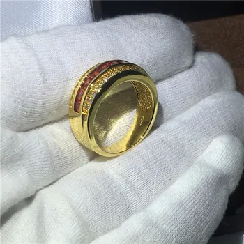 3 Spalvų, Apvalus Vyrų Grupė Žiedas Granatas 5A Cirkonis akmuo Šalis vestuvių juostoje žiedas Vyrams Geltonos aukso užpildytas bižuterijos