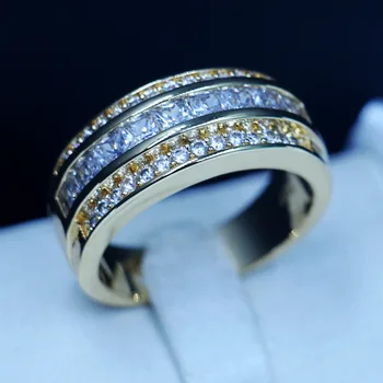 3 Spalvų, Apvalus Vyrų Grupė Žiedas Granatas 5A Cirkonis akmuo Šalis vestuvių juostoje žiedas Vyrams Geltonos aukso užpildytas bižuterijos