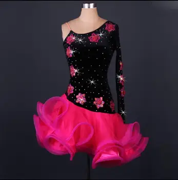 3 spalvų, Kokybės deimantų Siuvinėjimo lotynų šokių konkurencijos suknelė aksominė kalnų krištolas samba/tango kostiumai