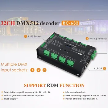 32CH Constant Voltage DIM/CT/RGB RGBW DMX Decoder DC5-24V 3A*32CH 8ports x 4CH output BC-632 For RGB/RGBW Led Strip Lights